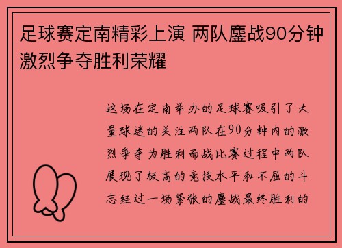 足球赛定南精彩上演 两队鏖战90分钟激烈争夺胜利荣耀