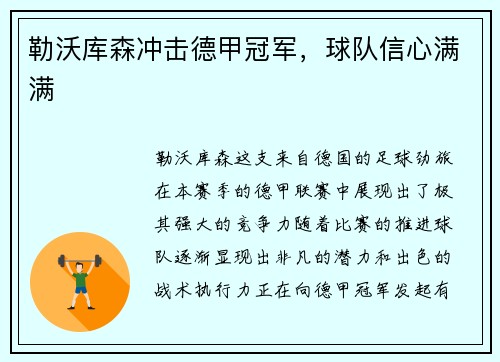 勒沃库森冲击德甲冠军，球队信心满满