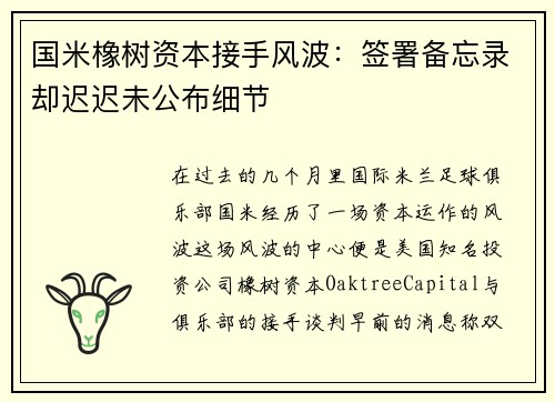 国米橡树资本接手风波：签署备忘录却迟迟未公布细节