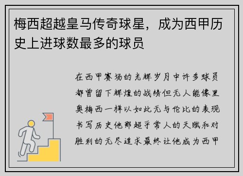 梅西超越皇马传奇球星，成为西甲历史上进球数最多的球员