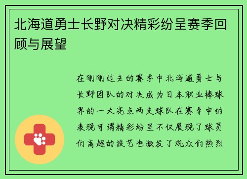 北海道勇士长野对决精彩纷呈赛季回顾与展望