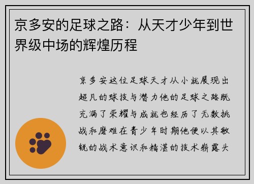 京多安的足球之路：从天才少年到世界级中场的辉煌历程