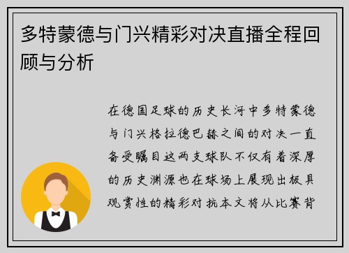 多特蒙德与门兴精彩对决直播全程回顾与分析