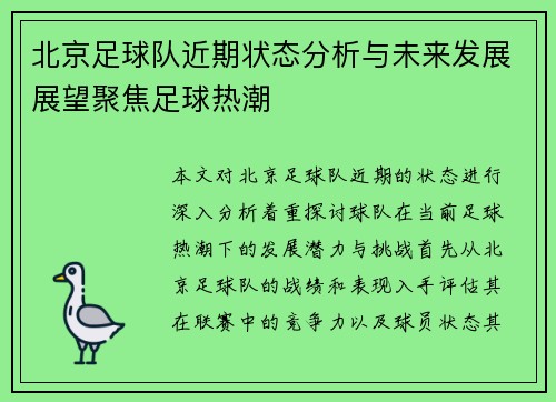 北京足球队近期状态分析与未来发展展望聚焦足球热潮
