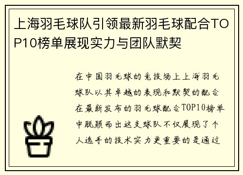 上海羽毛球队引领最新羽毛球配合TOP10榜单展现实力与团队默契